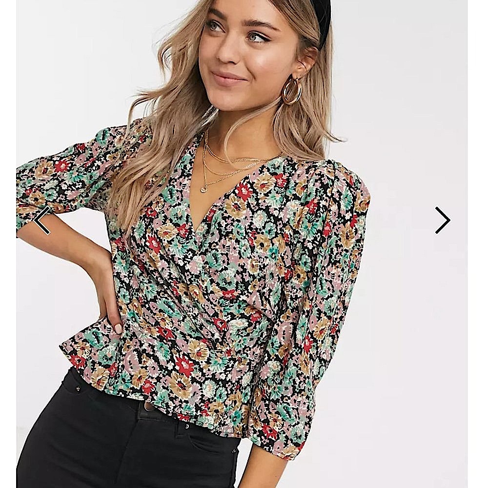 Pull & Bear | Floral Long Sleeve Wrap Peplum Blouse- Medium